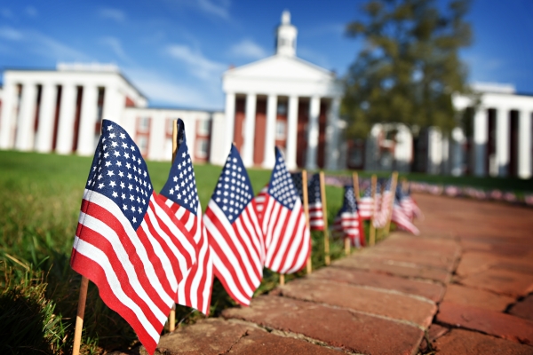 American flags lining the path between Washington Hall and University Chapel with flags on Sept. 11.